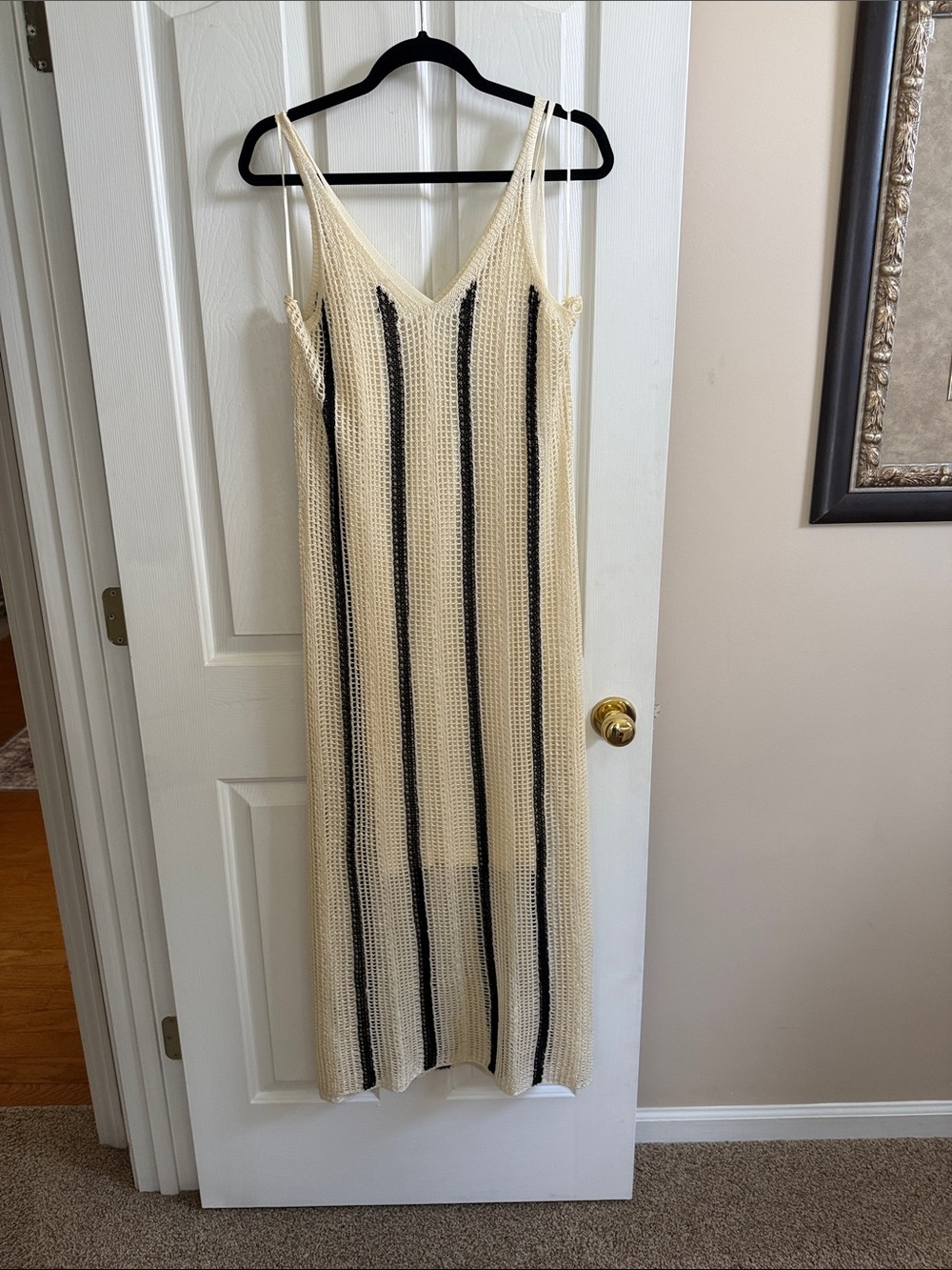 🌸 a new day: Cream and Black Vertical-Stripe Knit Maxi Dress